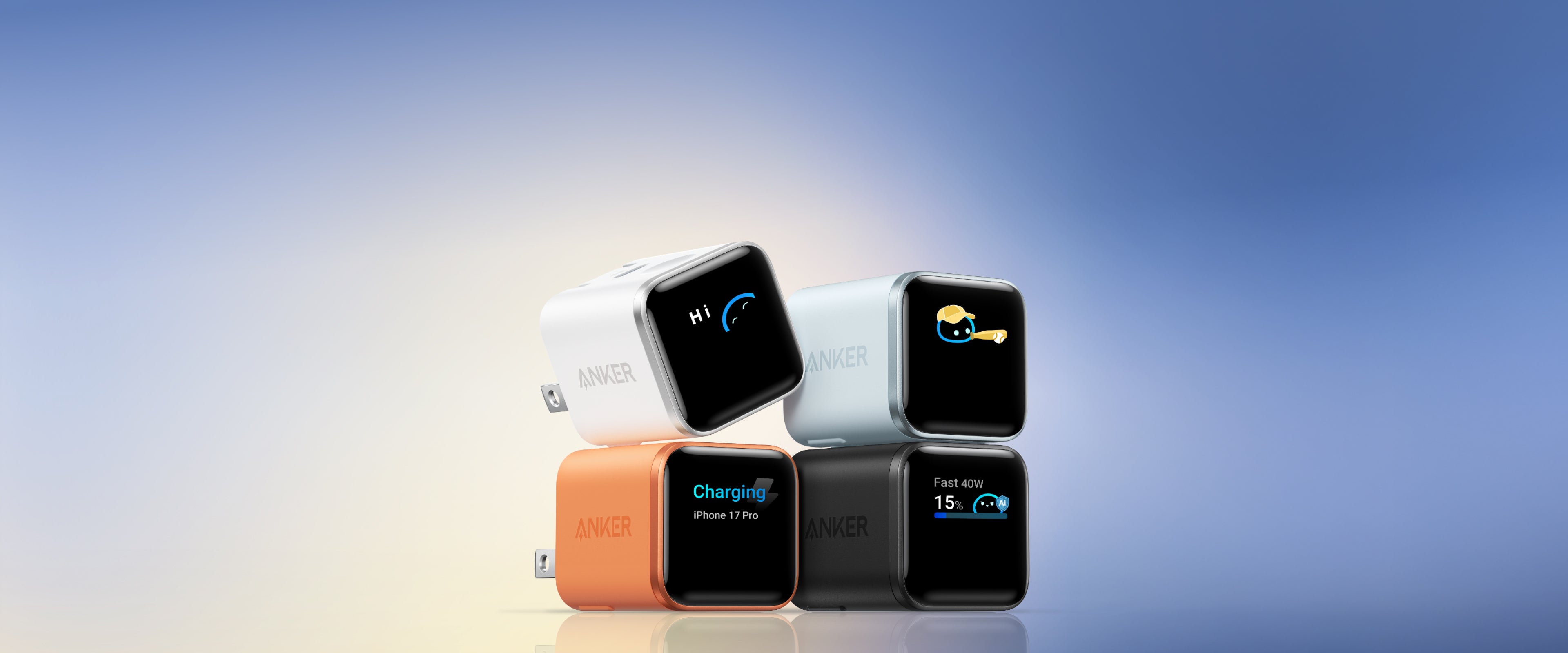 Anker charging accessories in multiple colors on a blue background