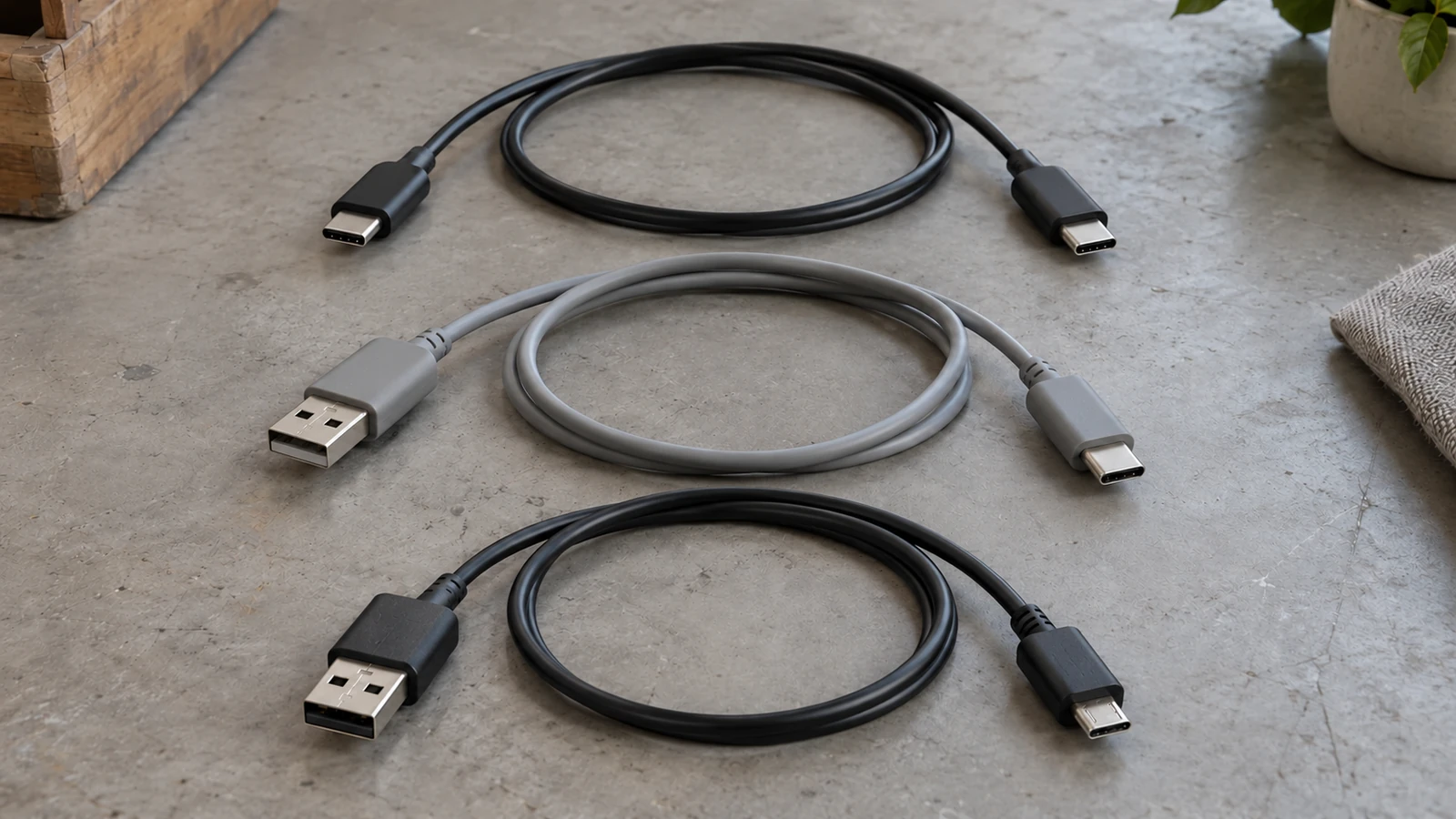 Three separate USB cable pairs with their two connector ends visible