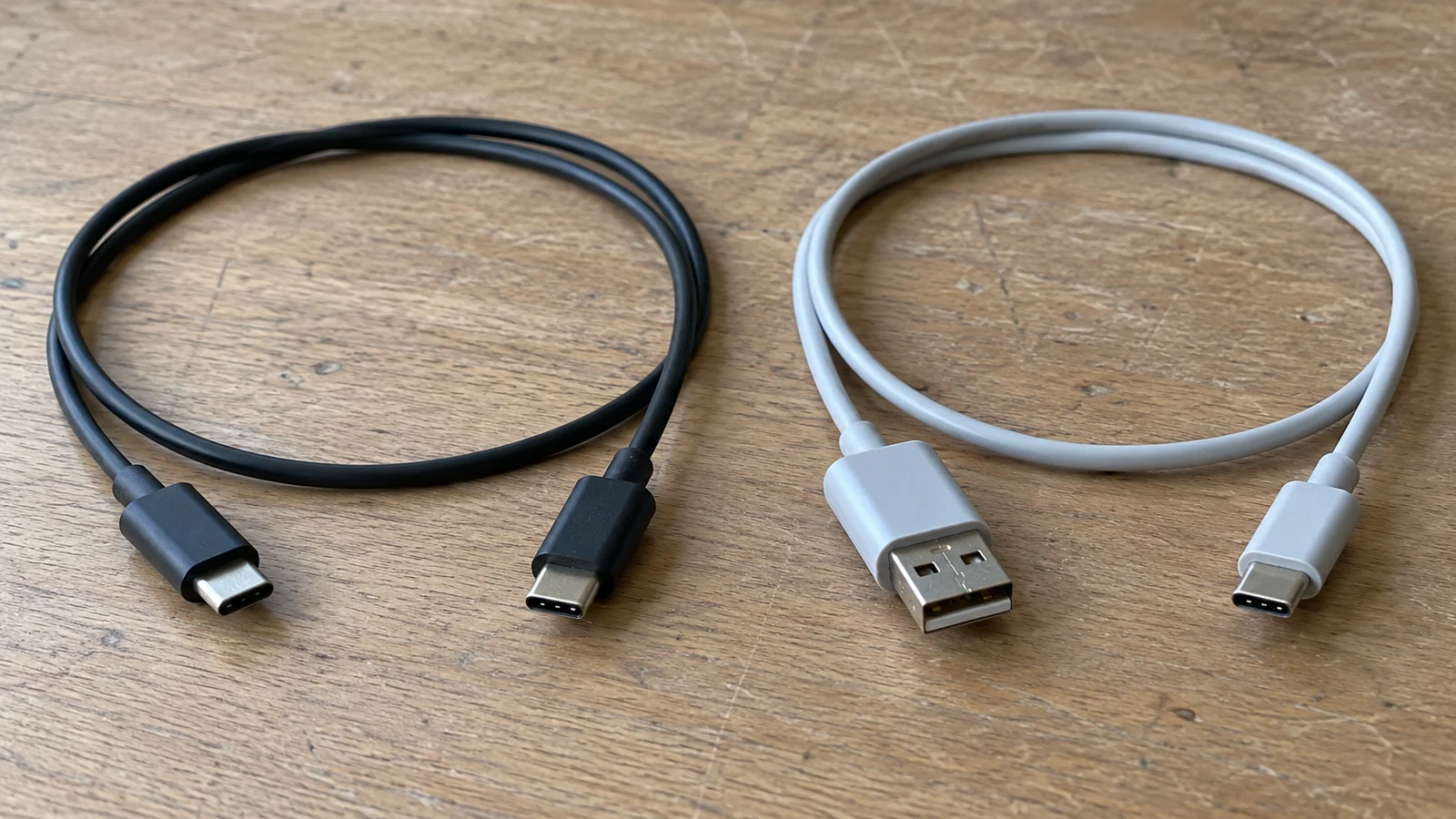 USB-C and USB-A cable ends on an ordinary accessory counter