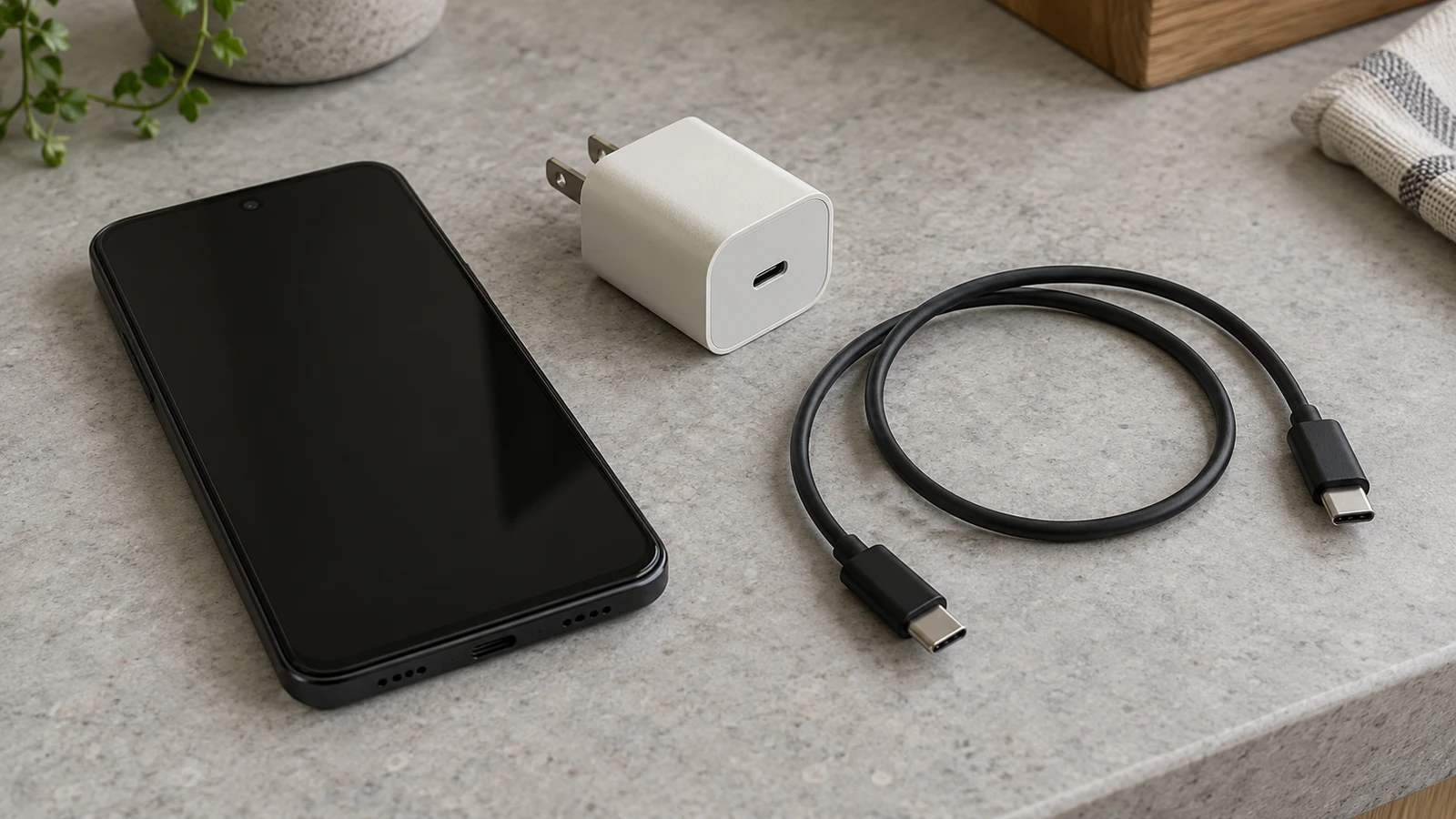 A phone, unplugged USB-C charger and loose charging cable placed separately on a counter