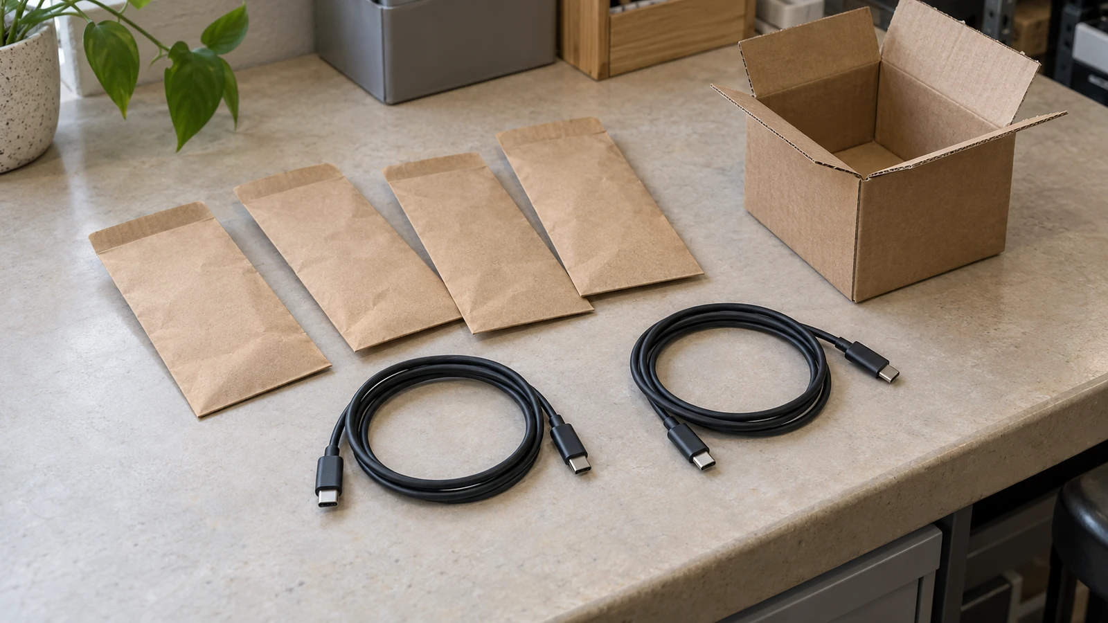 Loose USB cables beside plain accessory sleeves and an open inner box