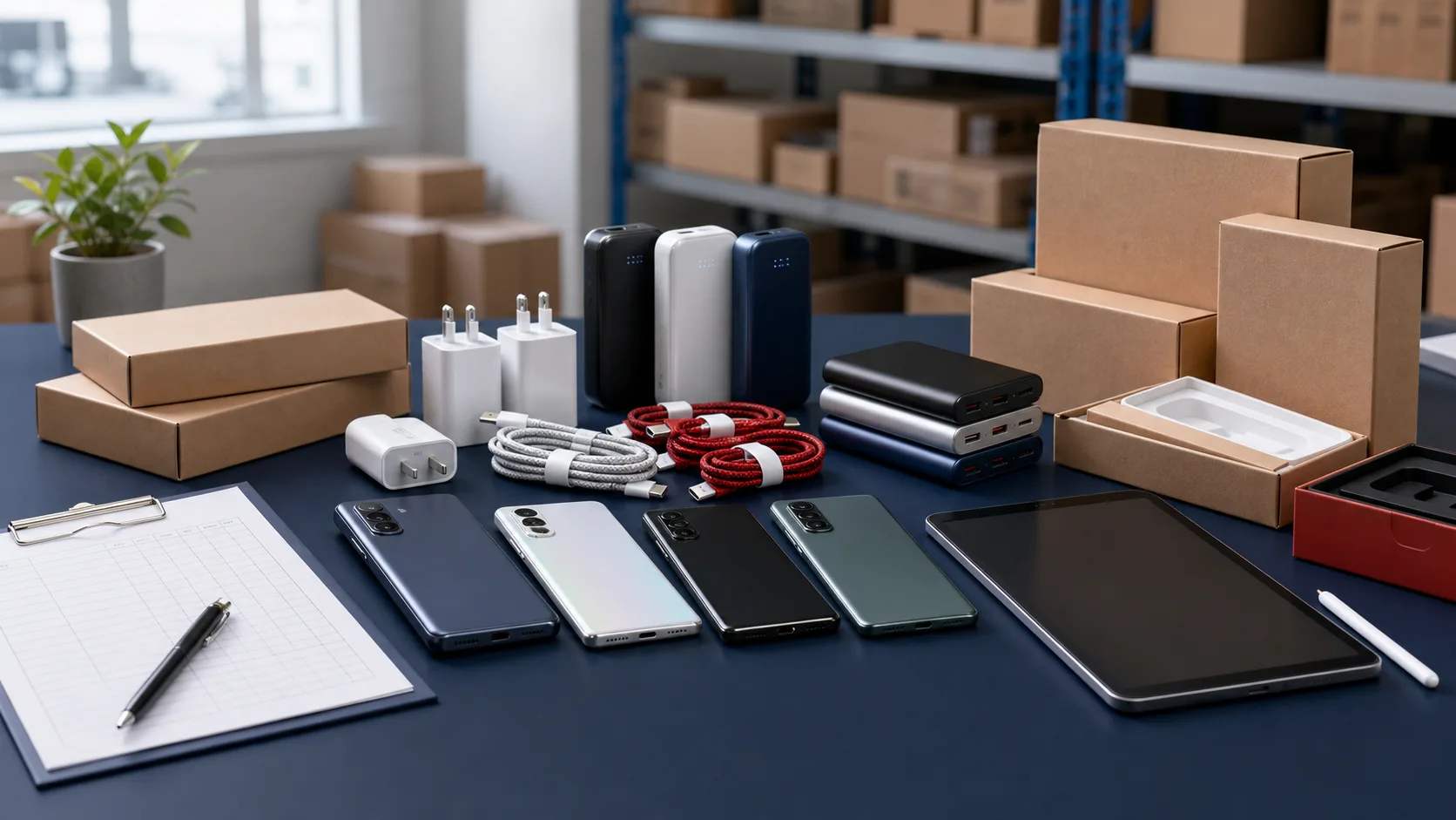 Mixed wholesale assortment of mobile phones, a tablet, chargers, cables and power banks in an electronics warehouse