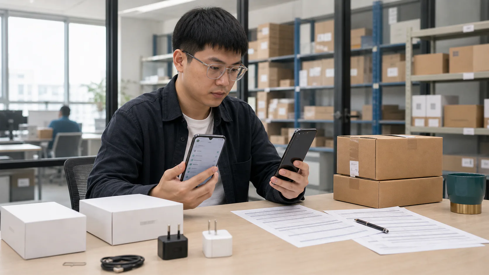 Wholesale buyer comparing two unbranded Android phones, model labels, software details and regional packaging