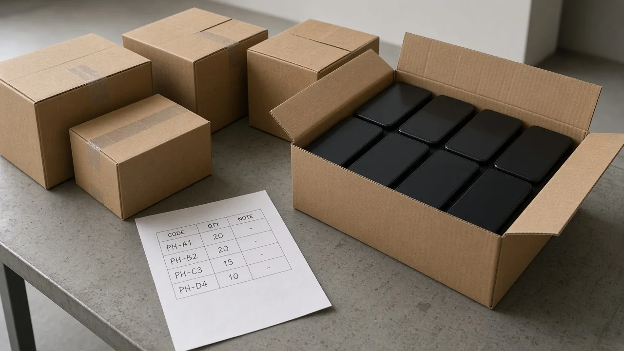 Illustration of plain smartphone cartons beside a paper count sheet