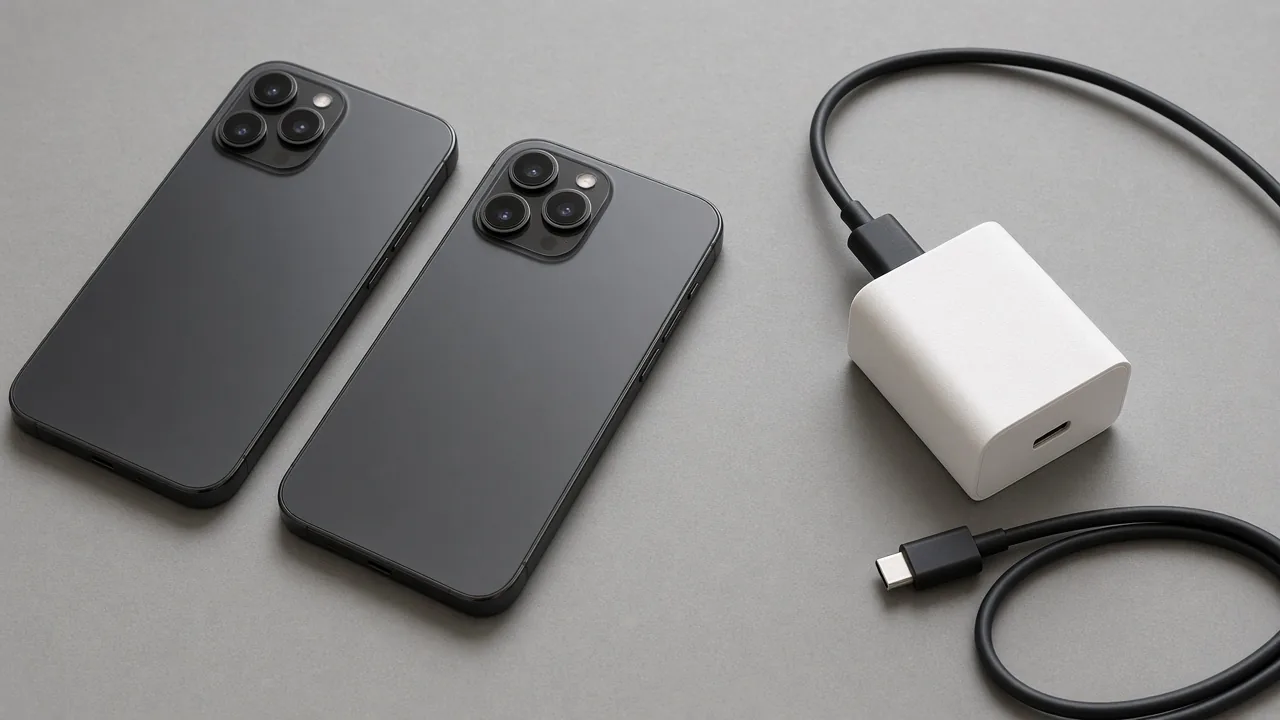 Two face-down phones beside a white charger, with one cable plugged in and a second cable lying loose