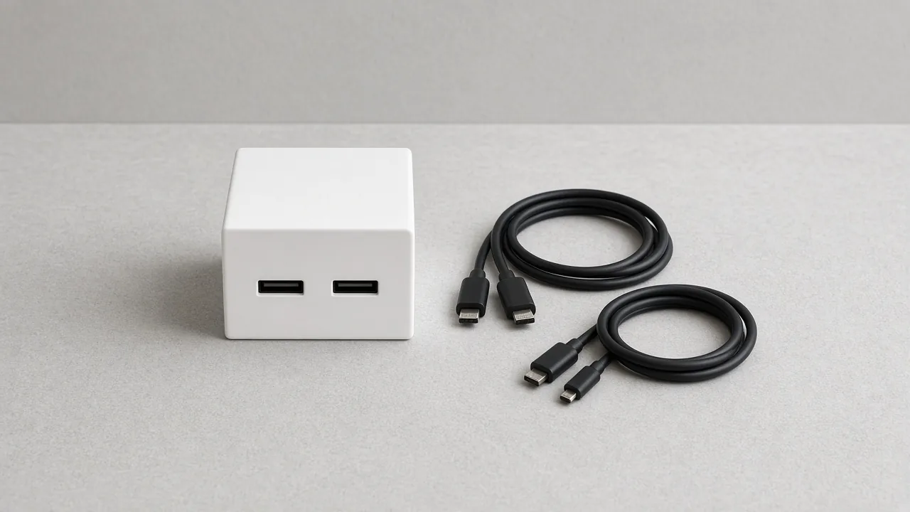 A white charger brick and two coiled black cables on a gray table