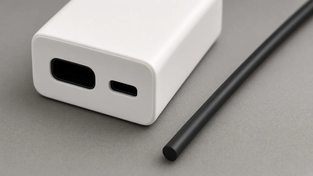 Two empty ports of different shapes on the end of a white charger, with a black cable beside it
