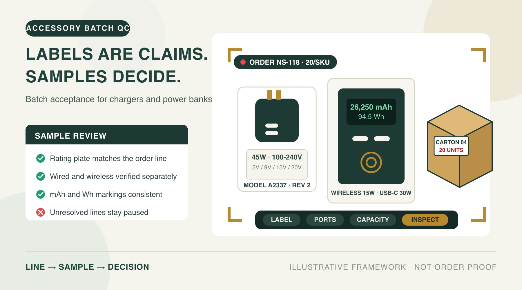Editorial illustration of a charger and power bank QC review with a rating label, a sampled unit, a checklist and accessory cartons