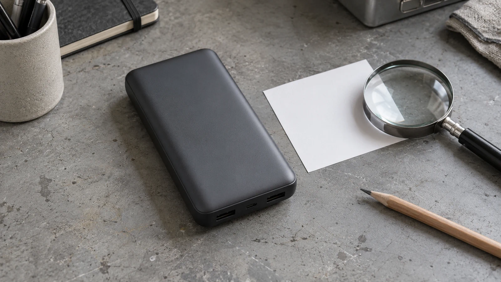 A plain power bank beside a blank specification card, pencil and magnifying glass