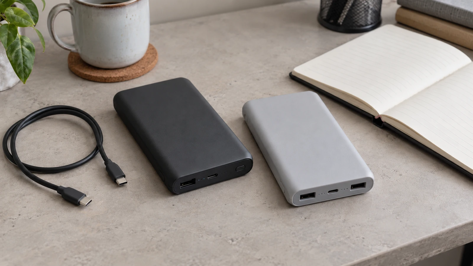 Two plain power-bank samples beside a charging cable and notebook