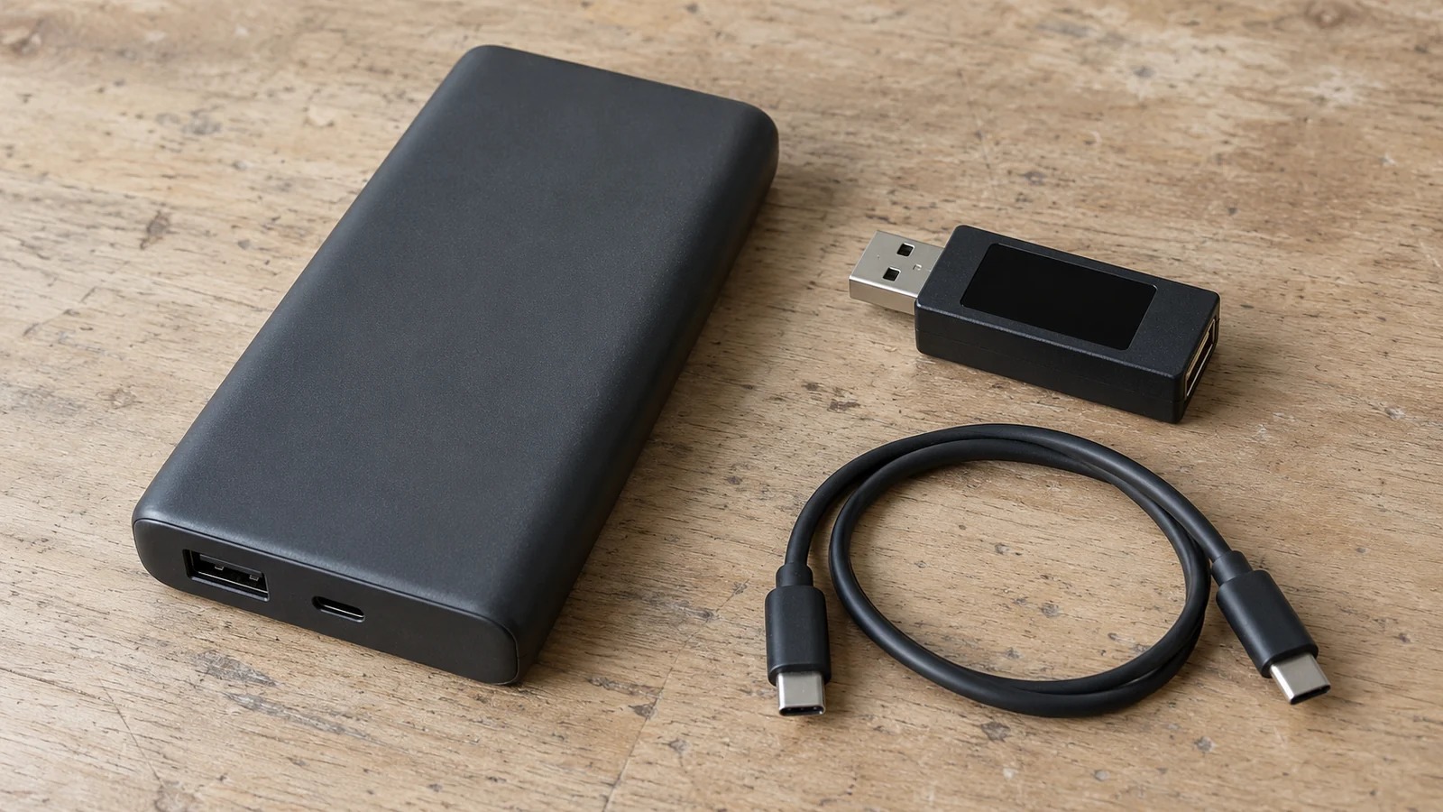 A power bank, dark-screen USB meter and separate cable laid out for review