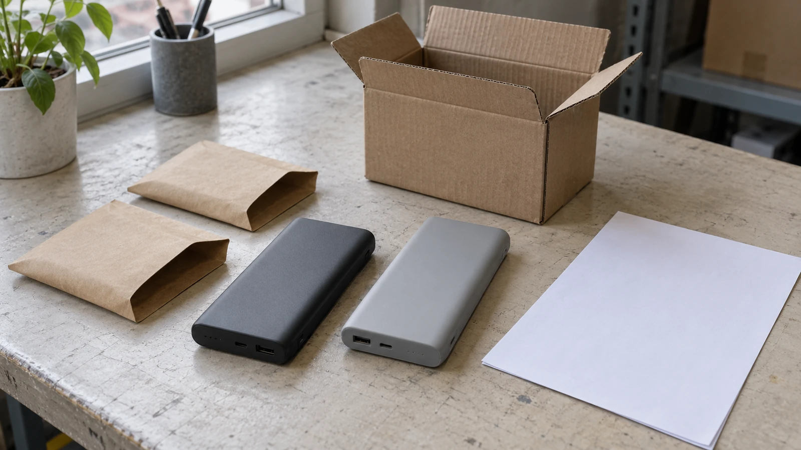 Power-bank samples beside plain accessory sleeves, a paper order sheet and a small carton