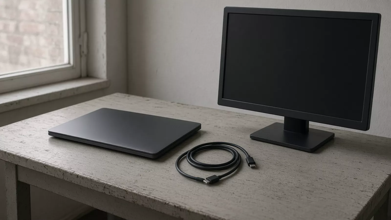 A closed laptop, a coiled cable and a dark monitor sitting apart on a table