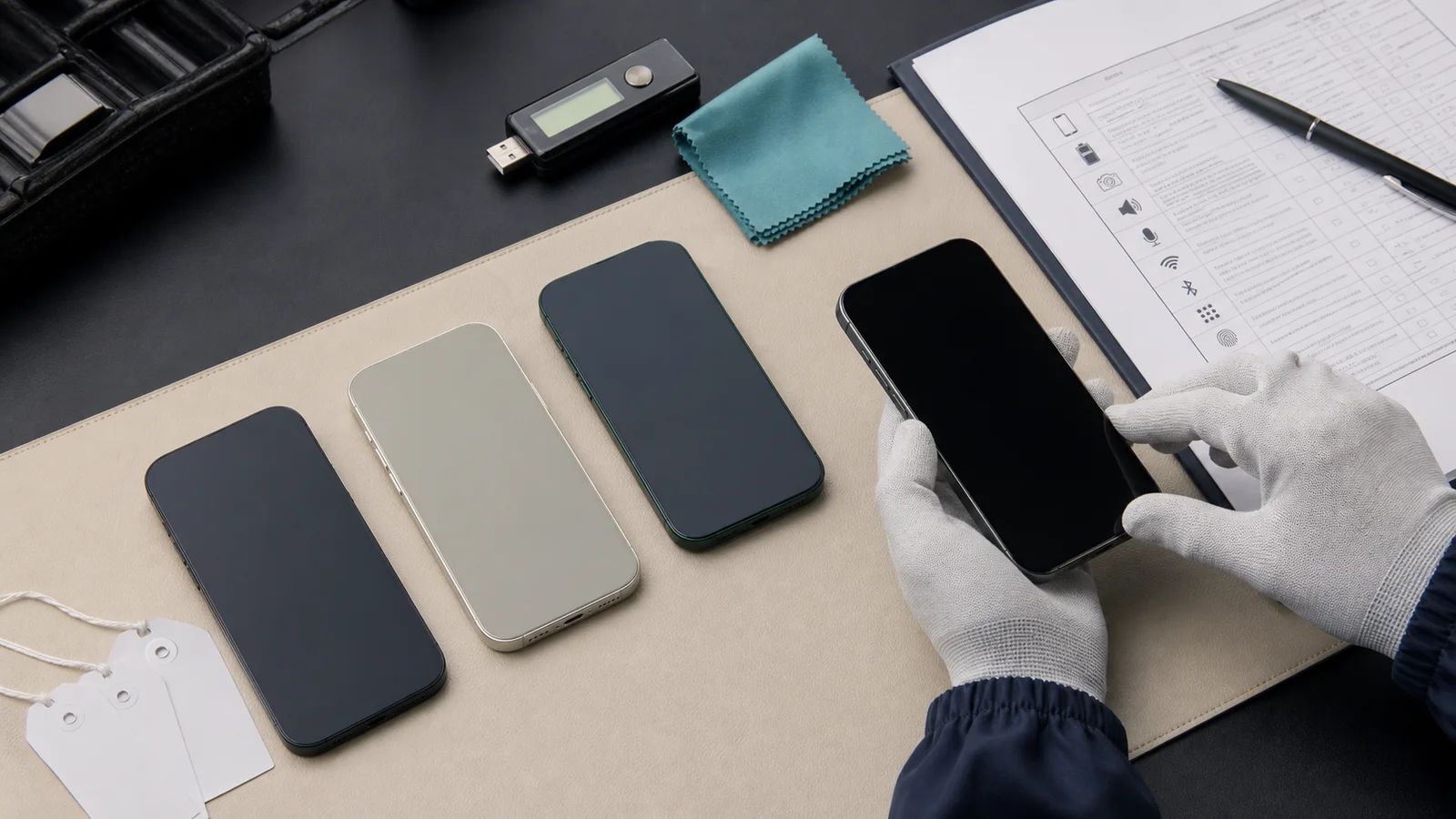 Wholesale smartphone buyer reviewing used iPhone condition evidence and a quality control checklist
