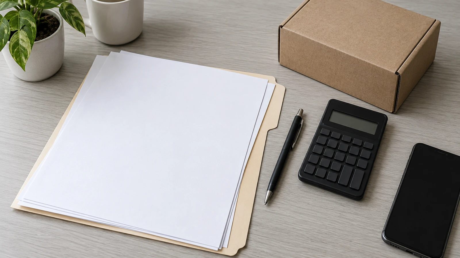 Plain transaction papers, a folder, pen and calculator beside a small carton and phone
