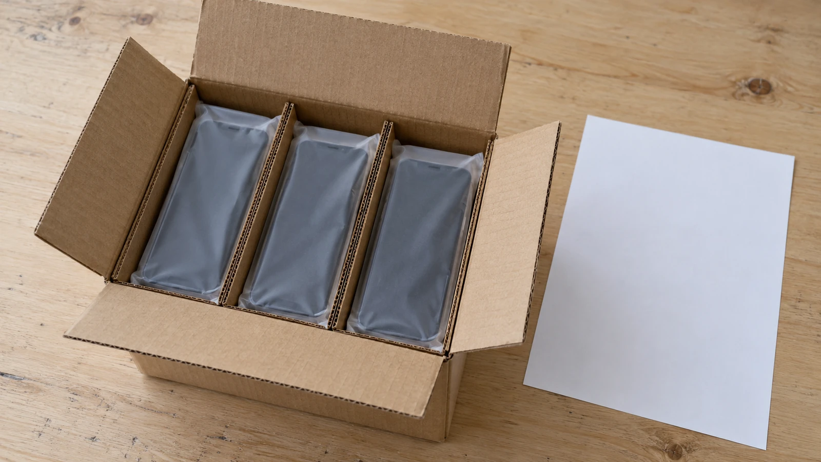 Individually protected phones in a small open carton beside a plain packing sheet