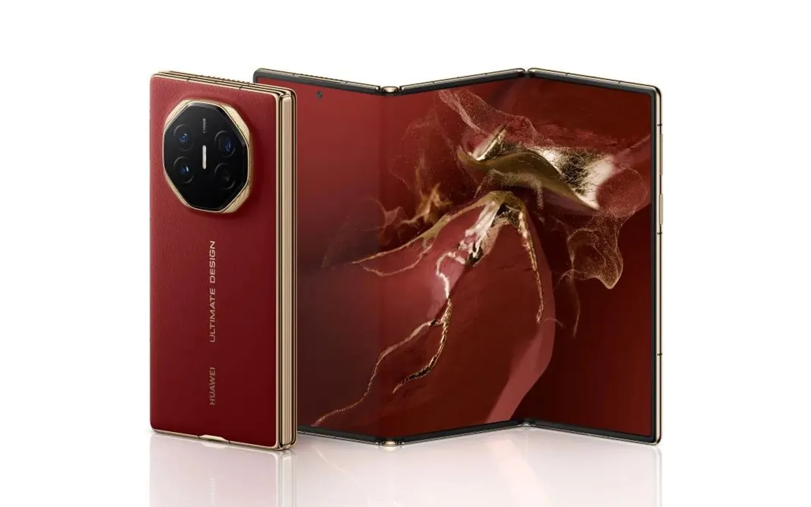 Red HUAWEI Mate XT Ultimate Design shown folded and fully unfolded