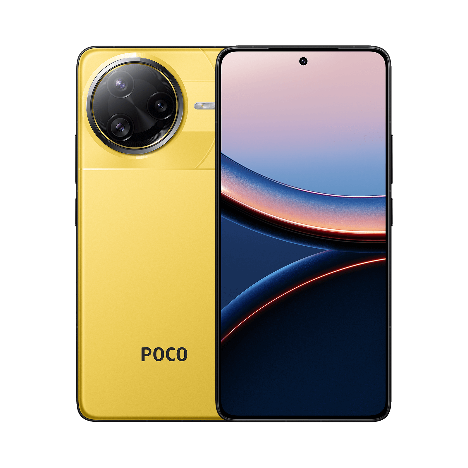 Official yellow POCO F7 Ultra product render showing the phone front and back
