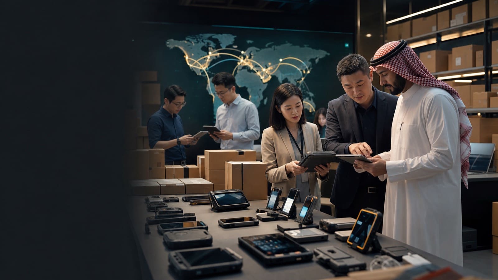 Procurement team reviewing wholesale phones and accessories